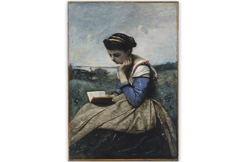 Une Femme lisant di Corot un ritratto immerso nel paesaggio